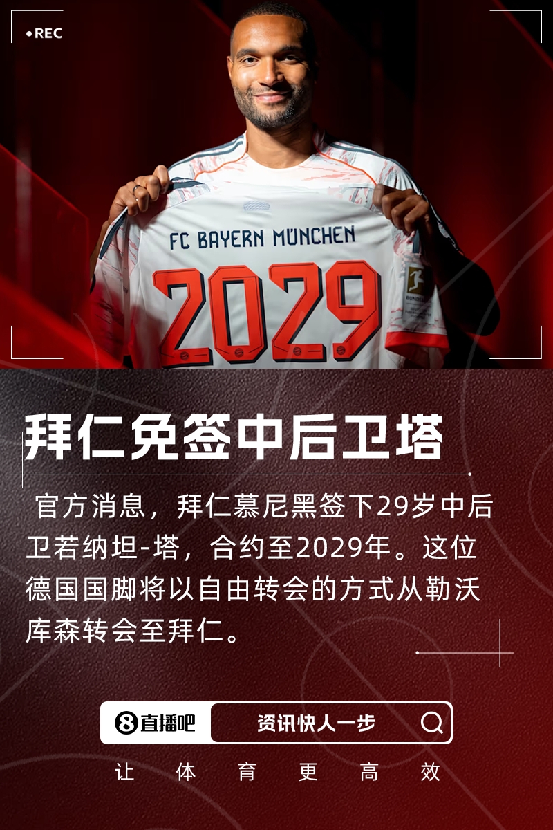 拜仁官宣29岁药厂铁闸若纳坦塔自由加盟 签约五年锁定后防核心